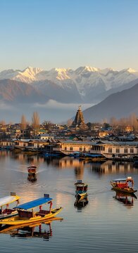 Dal Lake Serenity - Houseboats, Reflections, and Himalayan Majesty at Dawn.