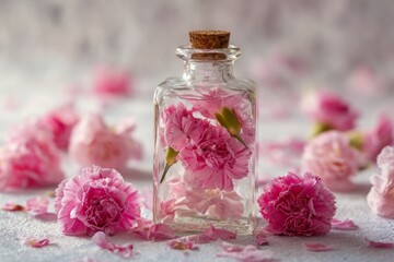 AI generated illustration of a glass bottle filled with pink carnations, minimalistic floral composition, soft light, romantic still life.