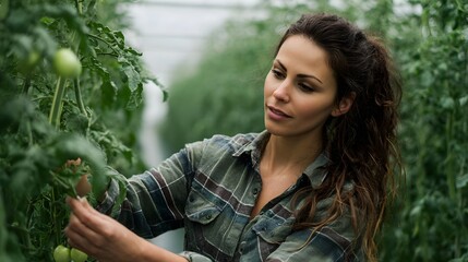 A woman farmer examines growing tomato plants inside a greenhouse