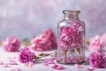 AI generated illustration of a glass bottle filled with pink carnations, soft light, elegant and romantic still life.