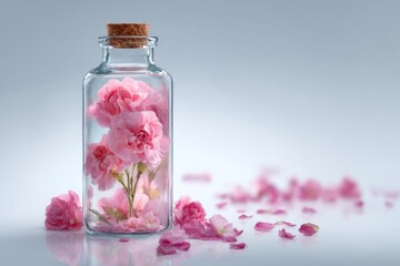 AI generated illustration of a glass bottle filled with pink carnations, minimalistic floral composition, elegant and romantic still life.