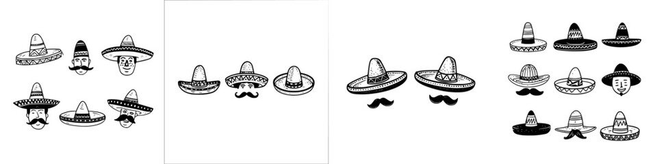 Hand drawn sombrero hats and stylized mustachioed faces collection