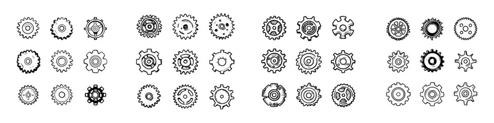 Hand drawn gear and cog icons in various sketchy styles