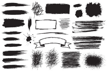 Assorted Grunge Ink Brush Strokes, Scribbles, and Paint Splatter Elements

