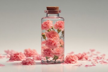 AI generated illustration of a glass bottle filled with pink carnations, minimalistic floral composition, soft light.