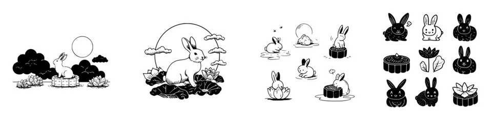 Stylized black and white icons and scenes featuring rabbits and nature elements