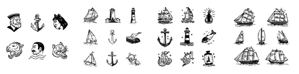 Traditional nautical tattoo flash icons featuring ships anchors and lighthouses © schmidt