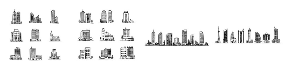 Fototapeta premium Hand drawn city skyline icons and building collection in sketch style