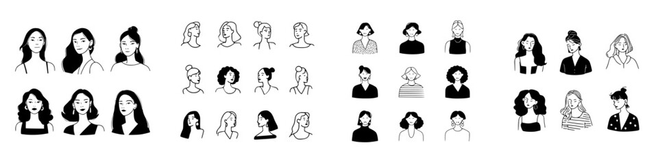 Diverse female avatars and portraits in simple black and white line art style