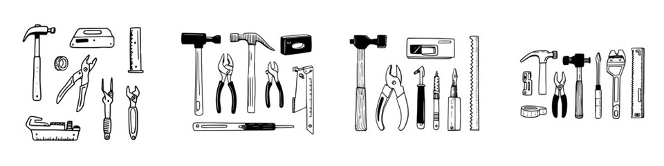 Various hand tools and measuring instruments in a simple doodle style