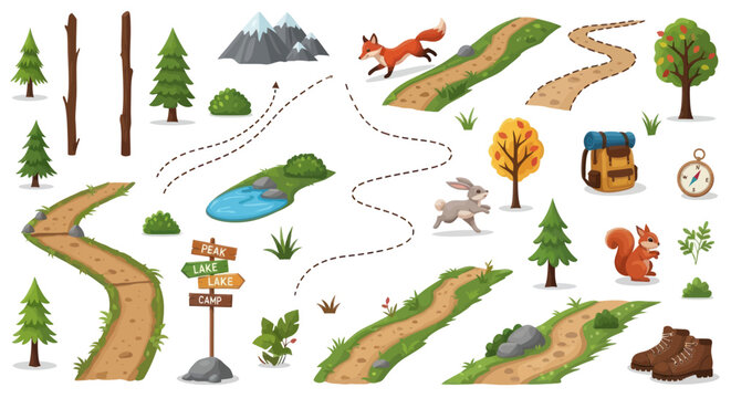 Hand-drawn Forest Trail Elements with Animals and Nature Details.