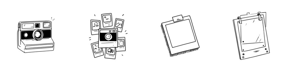 Hand drawn instant camera and various photo collection icons