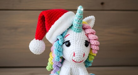 Cute Crocheted Unicorn with Santa Hat – Cozy Christmas Scene, Festive Handmade Holiday Decoration