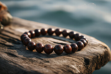 A dark brown wooden bead bracelet elegantly placed on a rustic wooden surface