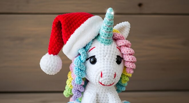 Cute Crocheted Unicorn with Santa Hat – Cozy Christmas Scene, Festive Handmade Holiday Decoration