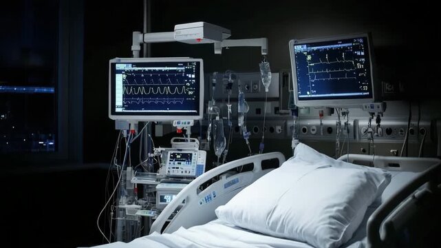Nighttime hospital room with monitoring equipment in view