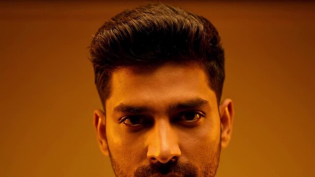 quiff hairstyle - A close-up portrait of a man with a serious expression, featuring deep-set eyes and a beard, illuminated by warm, golden lighting that enhances the emotional tone