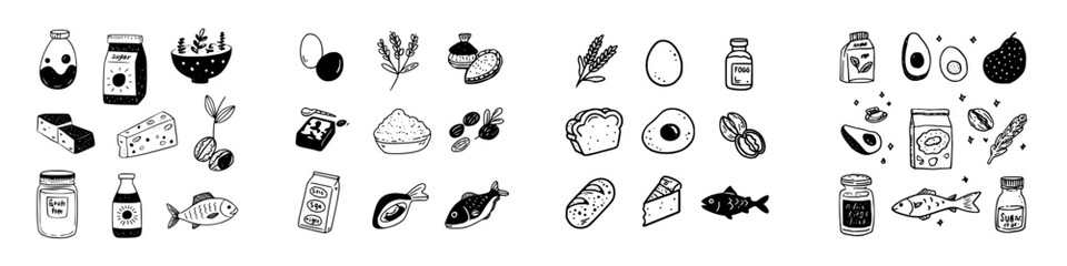 Set of hand drawn icons representing healthy food ingredients for diet planning