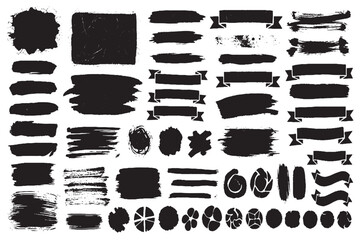 Large Set of Black Grunge Brush Strokes, Textured Paint Shapes, and Ribbon Banners

