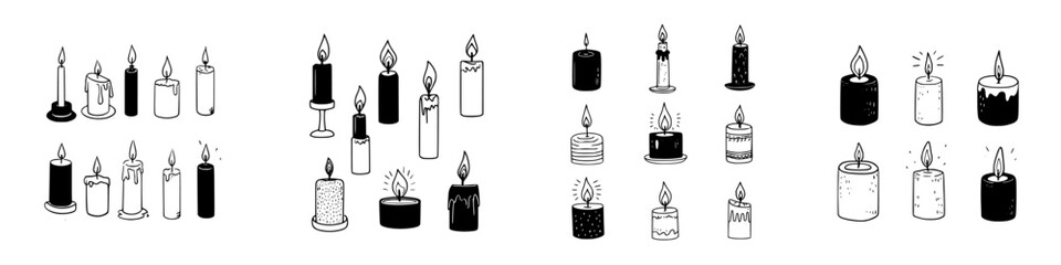 Various burning candles in black and white doodle style with lit flames