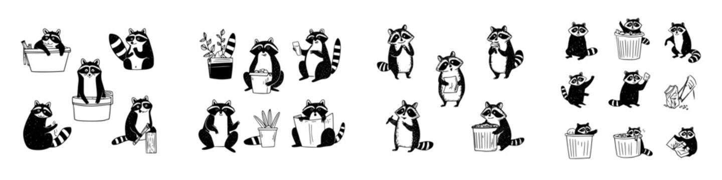 Various cute raccoon characters engaged in different daily activities