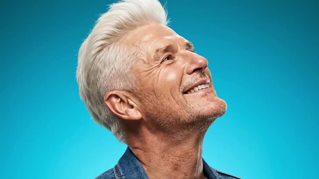 quiff hairstyle - A cheerful older man with silver hair gazes up thoughtfully, wearing a denim jacket against a bright teal background, radiating warmth and positive energy