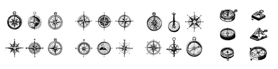 Vintage compass and wind rose icons in detailed engraved style © schmidt