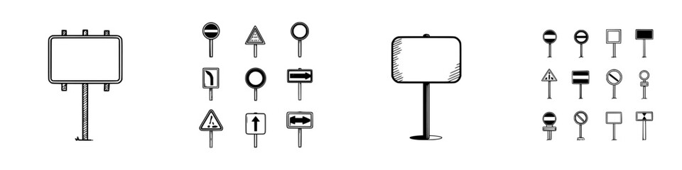 Hand drawn set of various traffic and advertising signs