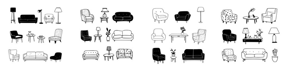 Hand drawn icons of living room furniture and interior decor elements