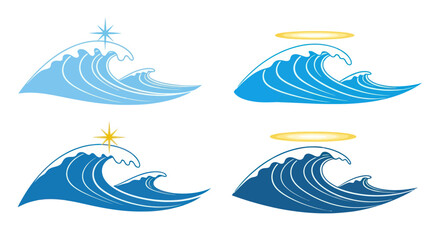 Fototapeta premium Stylized Ocean Waves with Star and Halo Vector Illustration Set.