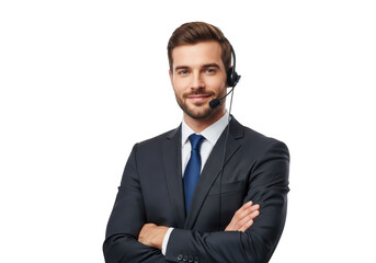 Smiling businessman with headset and crossed arms isolated on transparent background