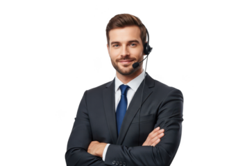 Smiling businessman with headset and crossed arms isolated on transparent background