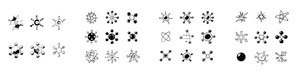 Hand drawn collection of molecule and atomic structure icons in sketch style