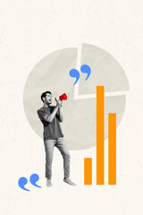 Trend banner artwork 3d photo collage of happy businessman hold megaphone announce chart diagram development success chance
