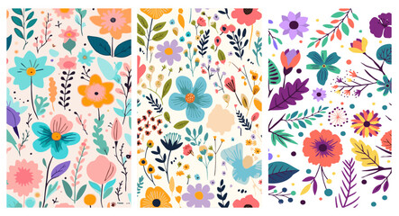 Colorful floral pattern with hand-drawn flowers and leaves. Modern botanical seamless design for fabric, wallpaper, stationery, and spring-themed backgrounds