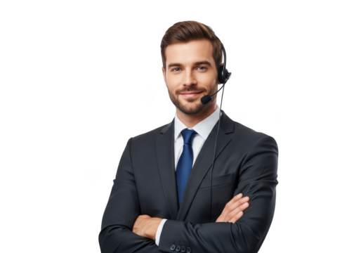 Smiling businessman with headset and crossed arms isolated on transparent background