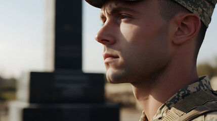 Focused Soldier: A portrait of a military person in uniform, looking determined against a blurred backdrop.