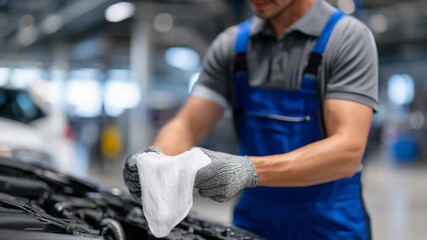 Professional mechanic meticulously cleans engine components, highlighting auto repair expertise and commitment to cleanliness.