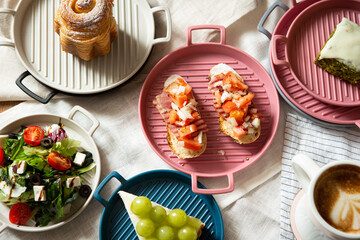 A variety of dessert cakes and drinks