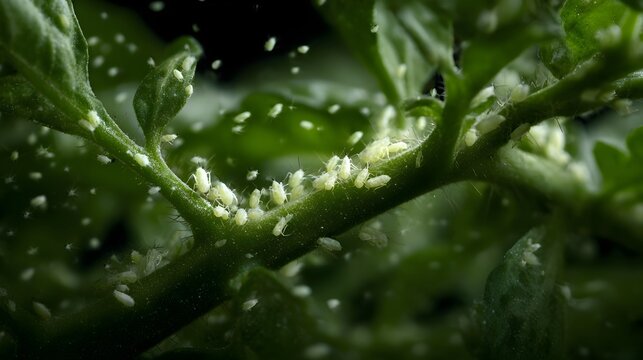 ro view of a plant stem heavily infested with numerous small pale insects such as aphids or whiteflies in sharp focus