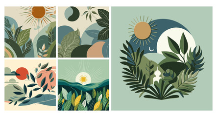 Nature abstract landscape illustration with sun, moon, leaves, and mountains. Modern minimalist aesthetic. Perfect for wall art, posters