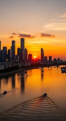 Fototapeta premium Melbournes Skyline at Sunset - A Golden Reflection on the Yarra River.