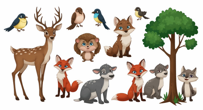 Collection of Adorable Cartoon Forest Animals and Birds.