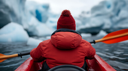 Kayaker paddles through icy waters. A lone traveler in a vibrant red jacket and hat navigates a kayak amidst a landscape of glacial ice formations.