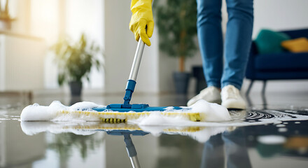 Person mopping a shiny floor with soapy water showcasing cleaning and household maintenance chores with home interior background