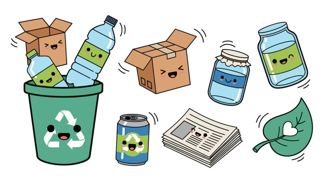 Recycling Bin with Cardboard Plastic Bottles Glass Jars Aluminum Can Newspaper and Leaf.