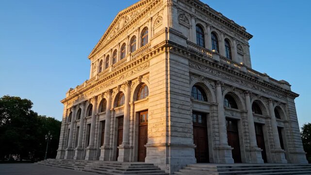 Historic architecture building with detailed facade and warm lighting