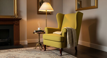 Inviting Yellow Wingback Chair in a Warm Home Living Room Interior 