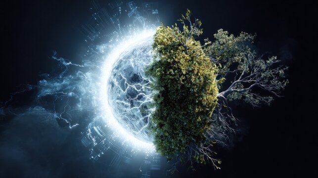 Digital art shows tree merged with radiant energy orb against a deep dark background