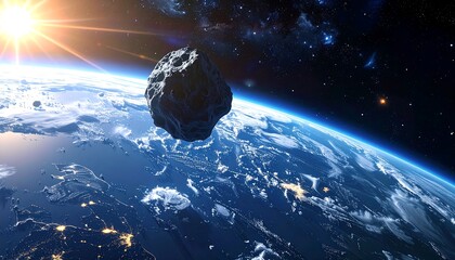 A large asteroid looms, poised above a vibrant blue Earth, bathed in sunlight. Distant stars twinkle. Dramatic cosmic scene